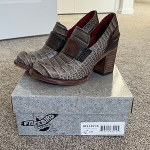 Freebird Crocodile-Embossed Heels - Gray and Brown